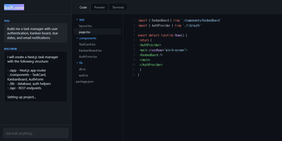 Bolt.new browser IDE showing chat sidebar, file tree, and code editor with Next.js project