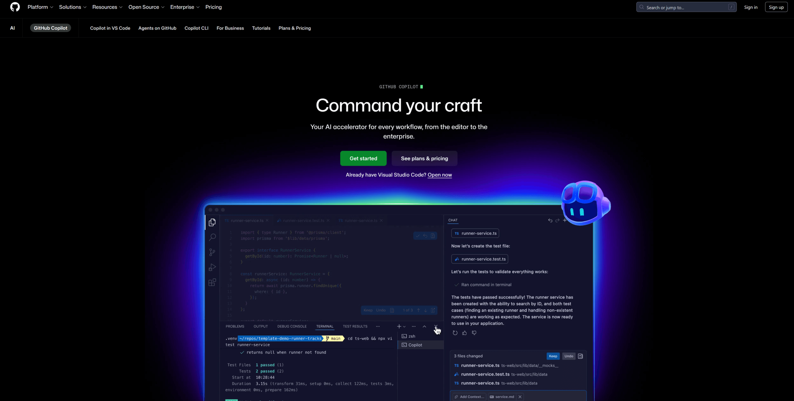 zed vs github copilot homepage with Microsoft Copilot mascot tracking cursor