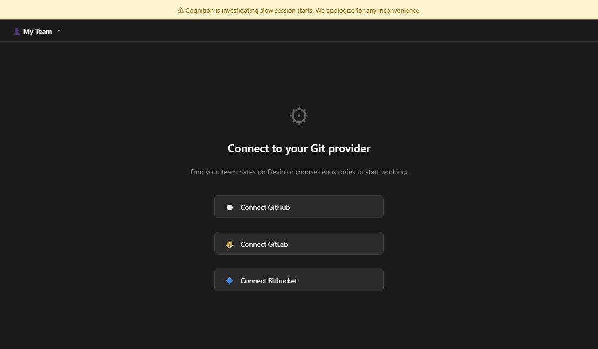 Devin AI dashboard showing Git provider connection screen with GitHub, GitLab, and Bitbucket options