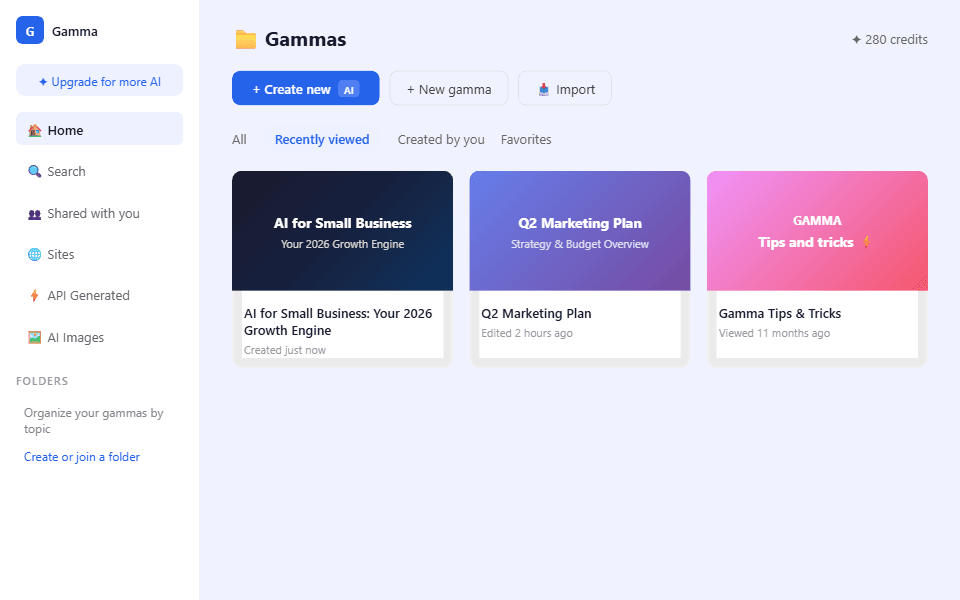 Gamma AI dashboard showing card grid, create new button, sidebar navigation, and 280 credits remaining