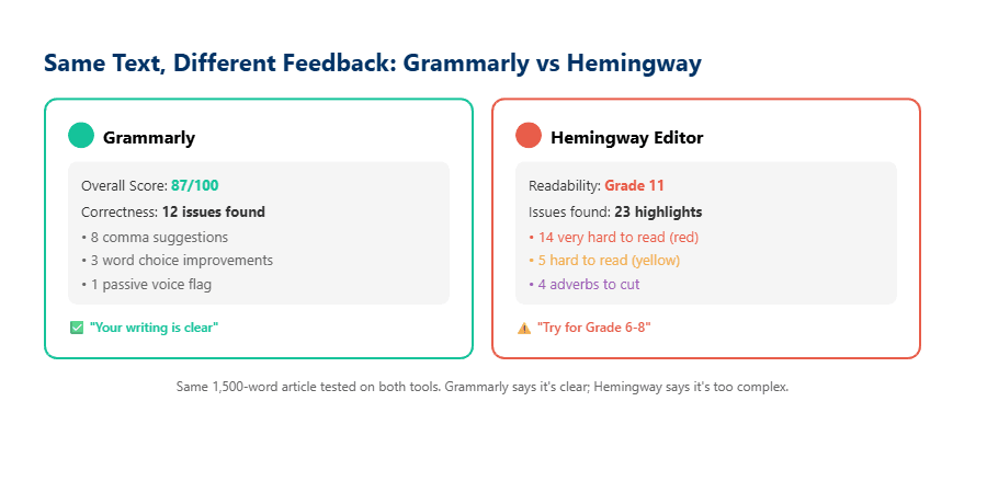 Side-by-side comparison of Grammarly scoring 87/100 clear versus Hemingway Editor showing Grade 11 readability with 14 very hard to read sentences on the same 1500-word article