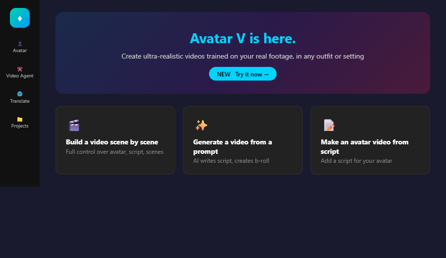 HeyGen dashboard showing Avatar V announcement, video creation options including scene builder, prompt generator, and script-to-avatar tool