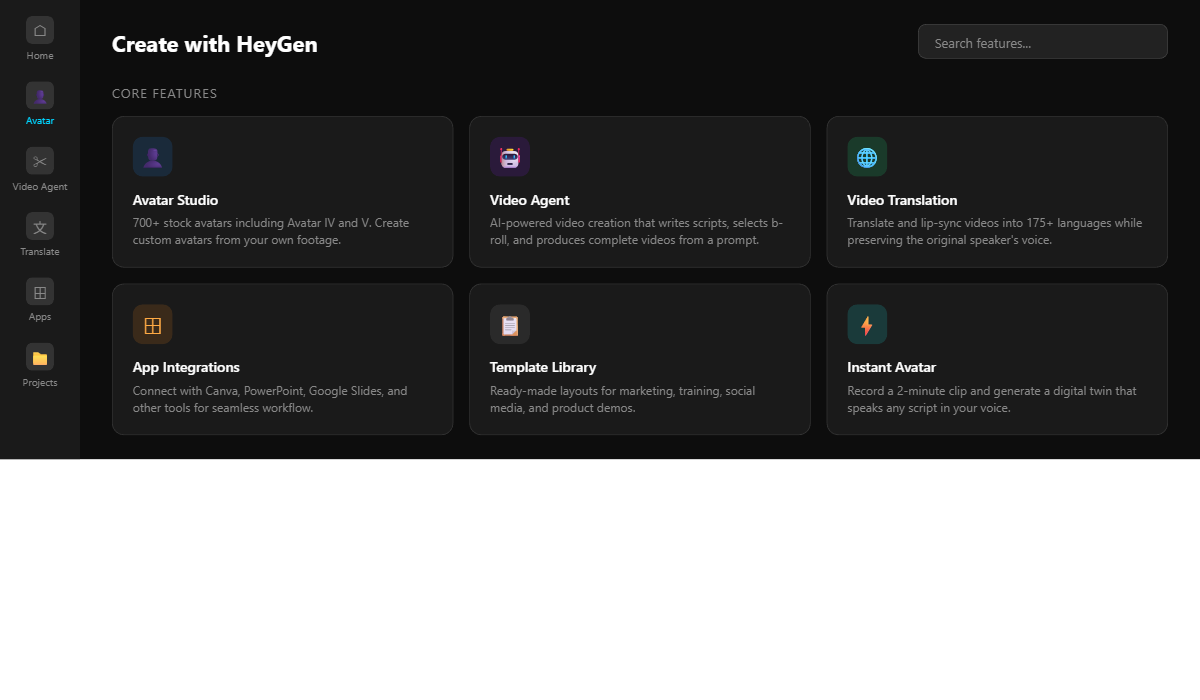 HeyGen features overview showing Avatar, Video Agent, Translate, and Apps sections in the dashboard sidebar