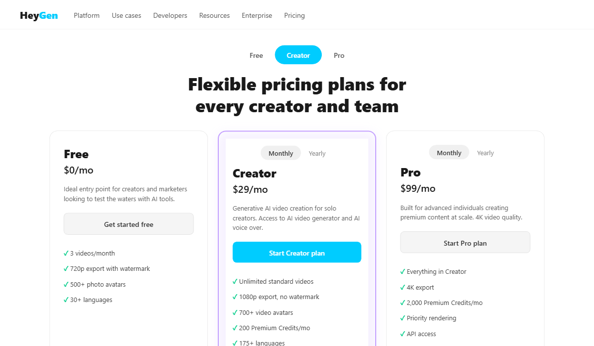 HeyGen pricing plans showing Free at $0, Creator at $29 per month, and Pro at $99 per month with feature comparison
