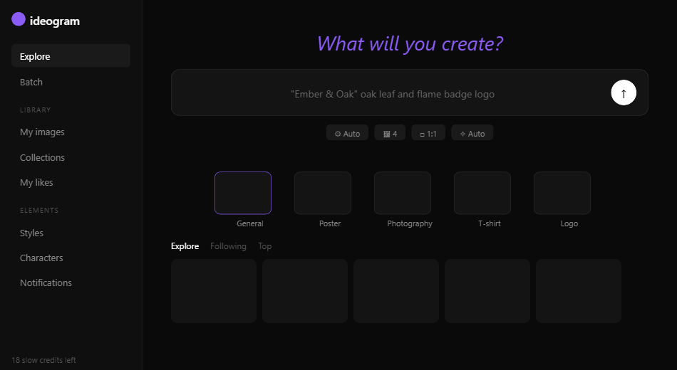 Ideogram dashboard showing prompt box, style presets, and generation interface in April 2026