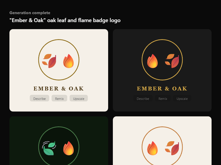 Ideogram text rendering test results showing four Ember and Oak badge logos with perfect text accuracy
