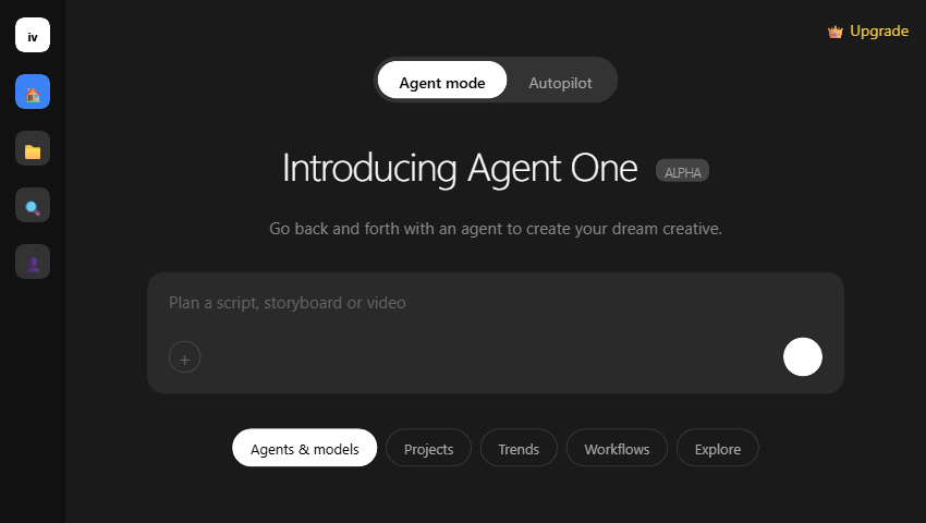 Dashboard showing Agent One interface with Agent mode and Autopilot toggle and prompt input area