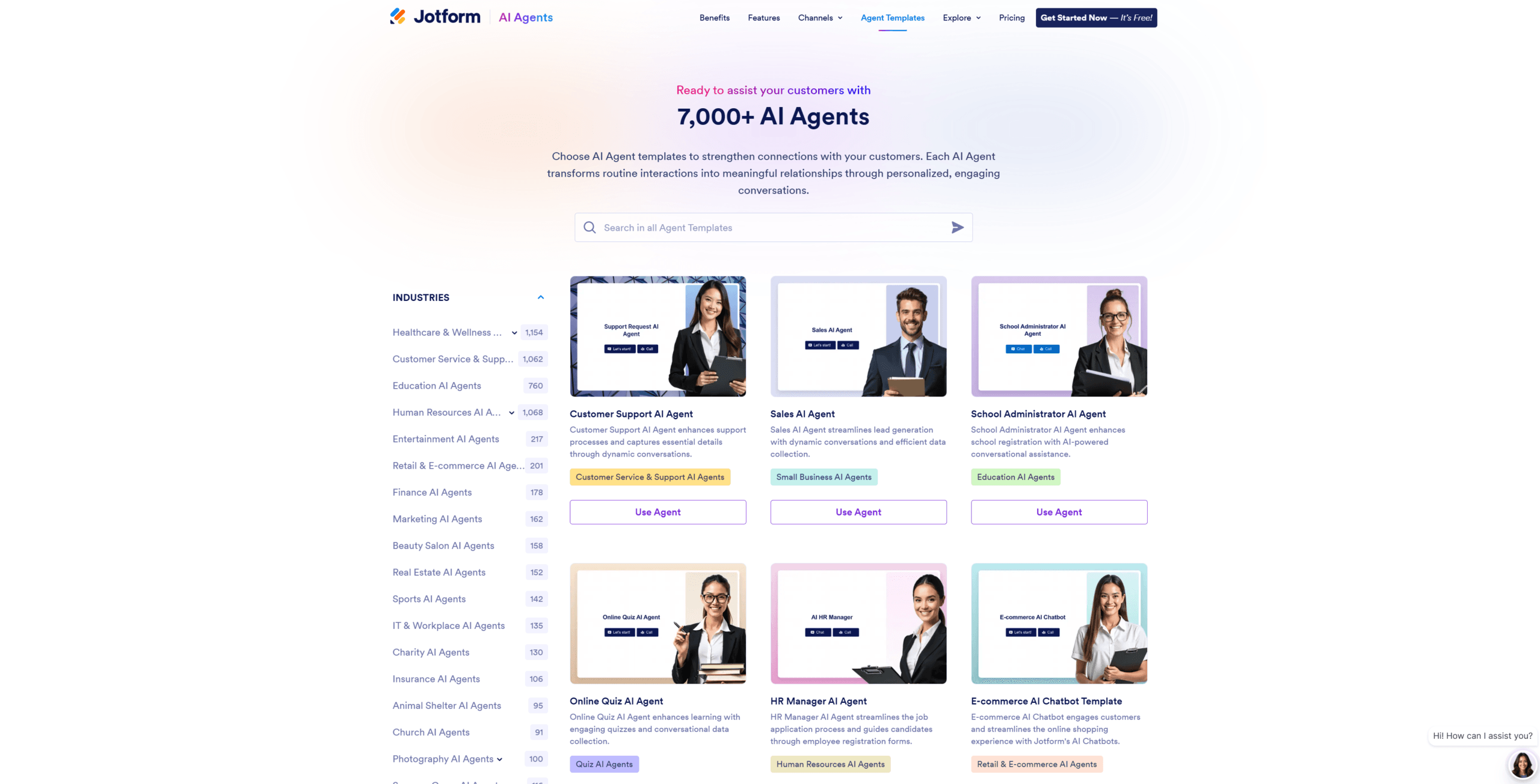 jotform ai agent template gallery with 7000 pre-built agents