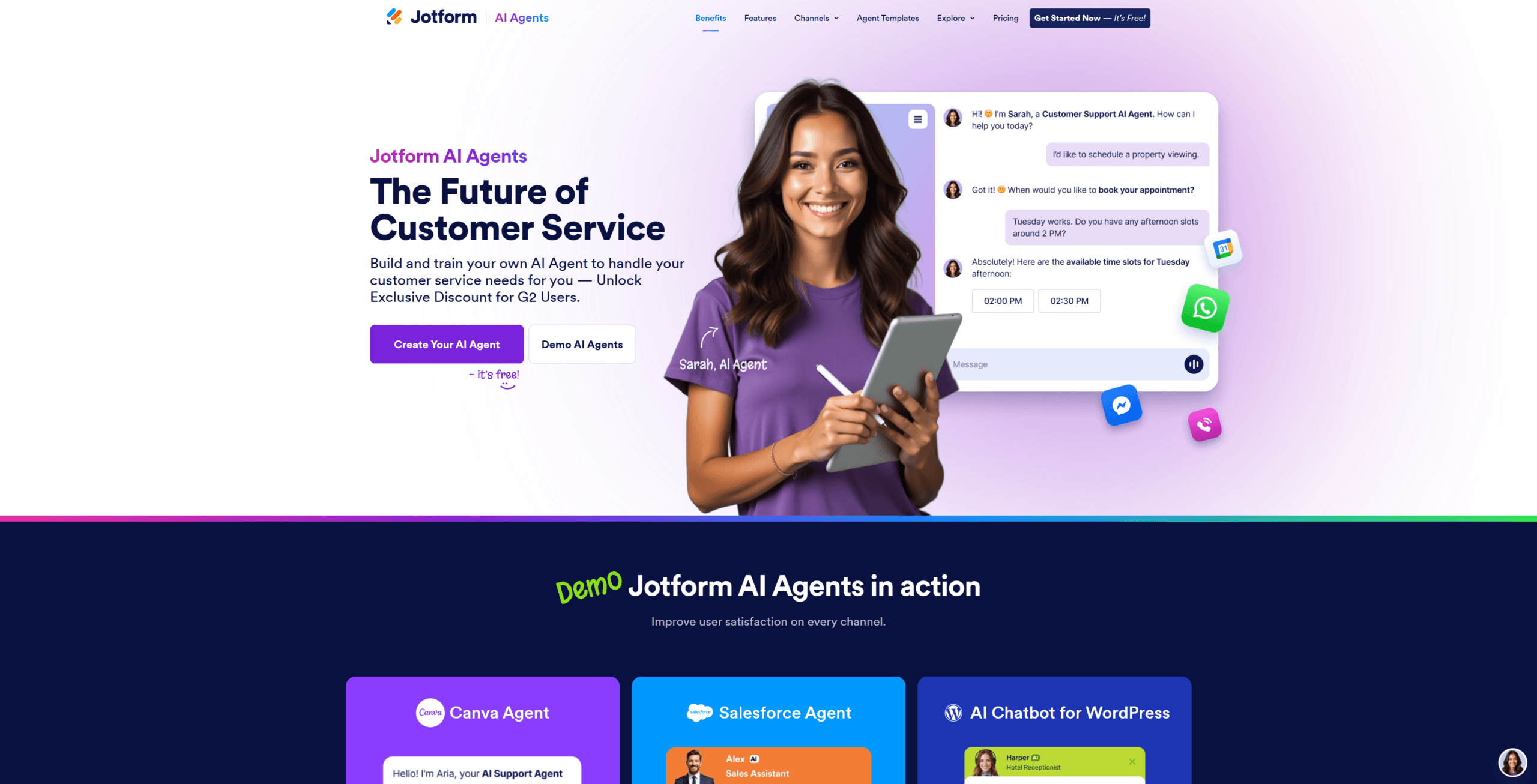 jotform ai agent homepage with human-shaped avatar hero