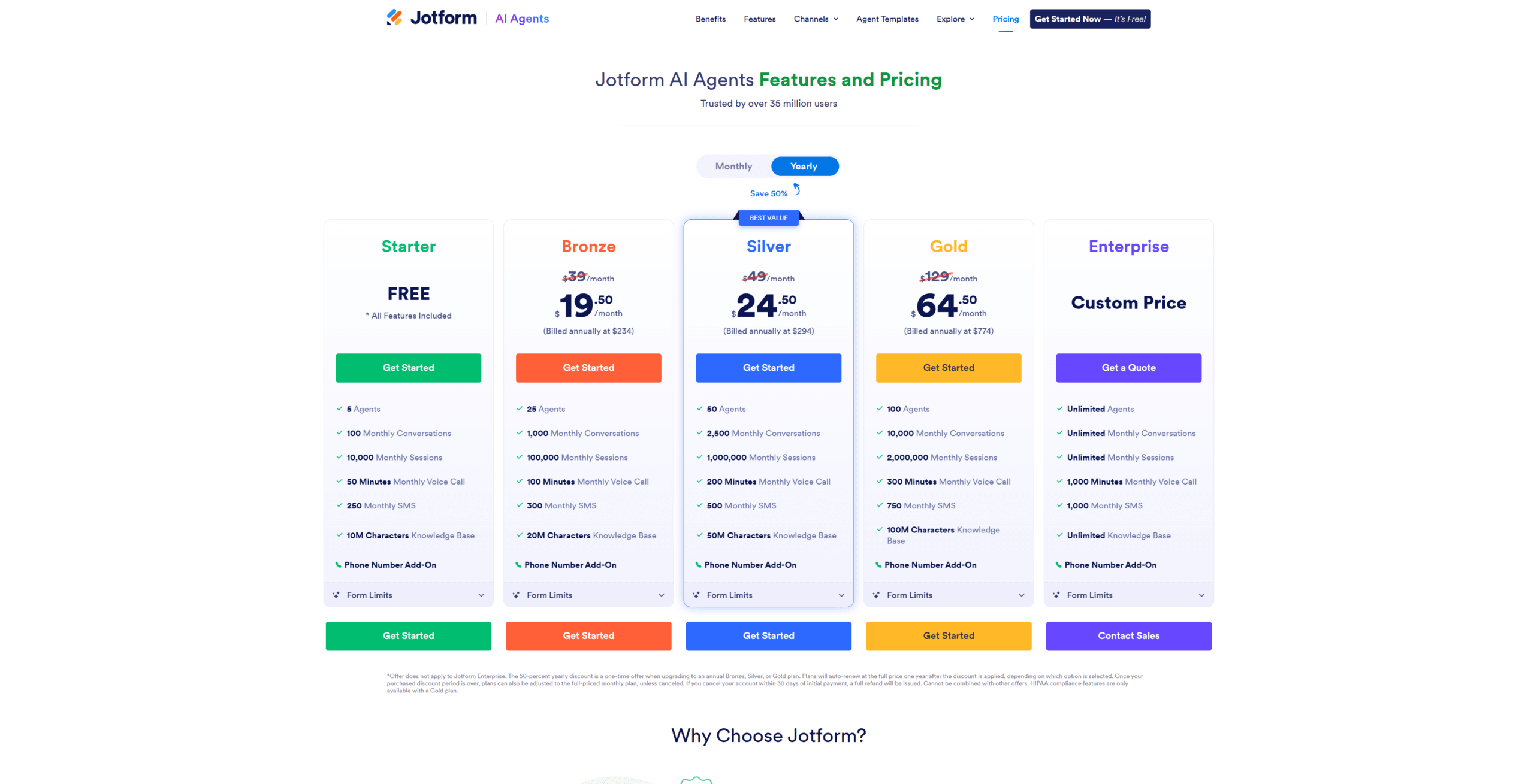 jotform ai agent pricing five tiers Starter to Enterprise