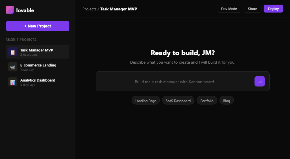 Lovable dashboard showing chat-first interface with project sidebar and prompt input