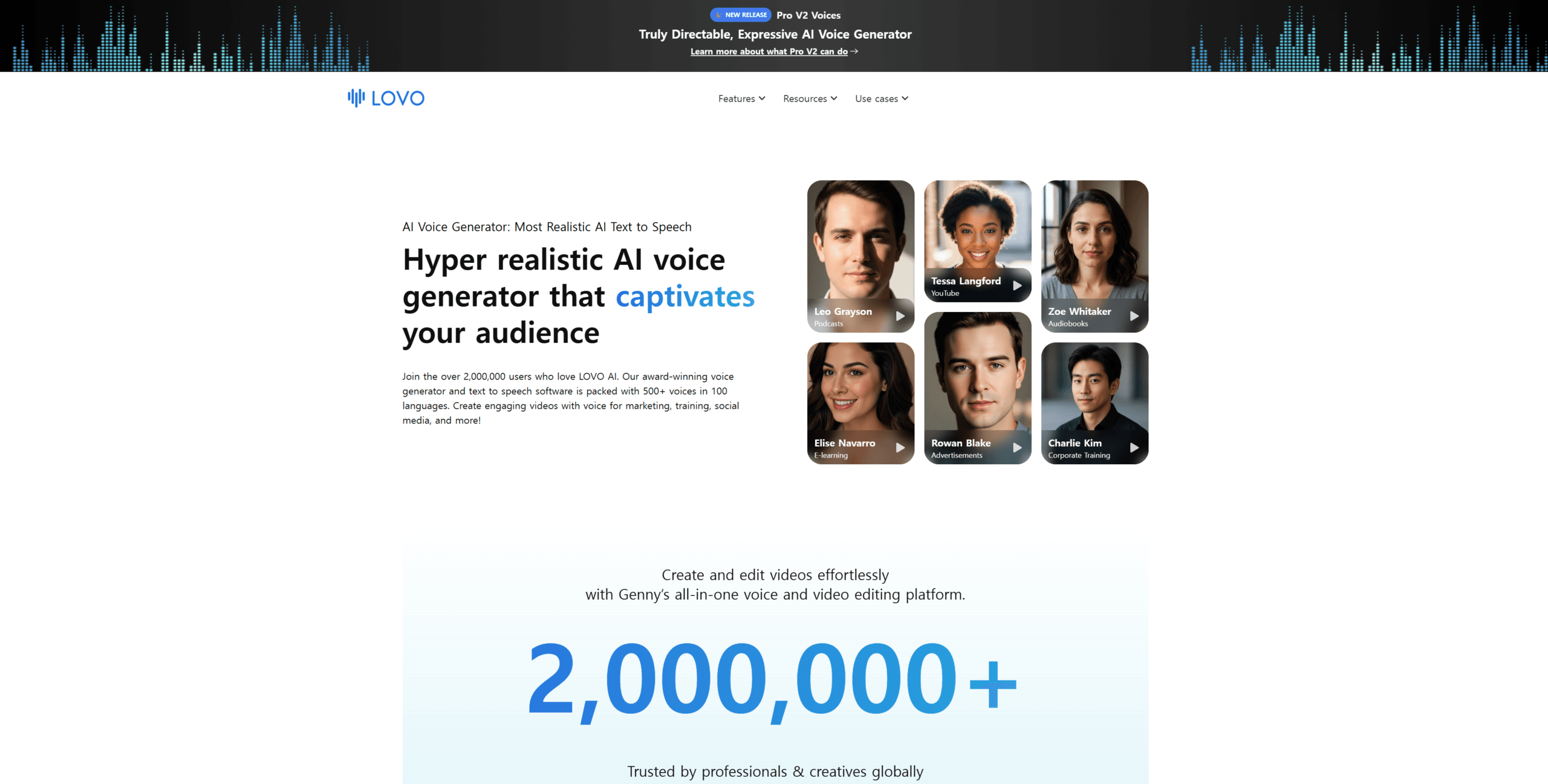 LOVO AI Genny homepage with minimal design for voice generation