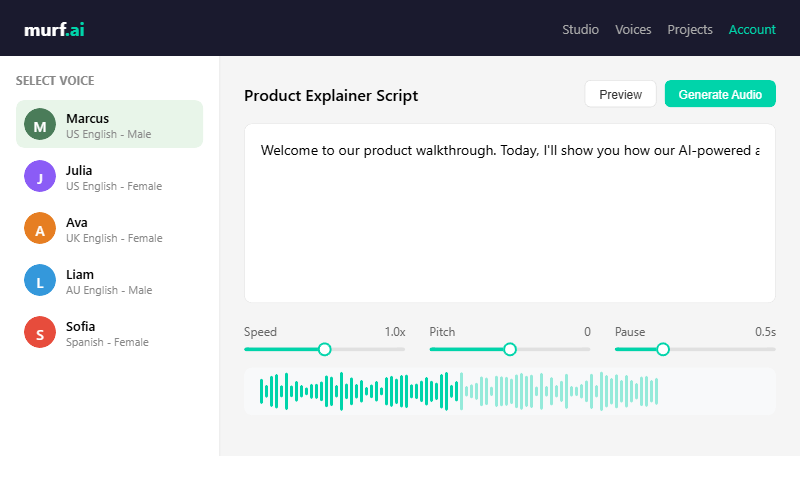 Murf AI Studio interface showing voice selection sidebar with Marcus voice selected and script editor with speed pitch and pause controls
