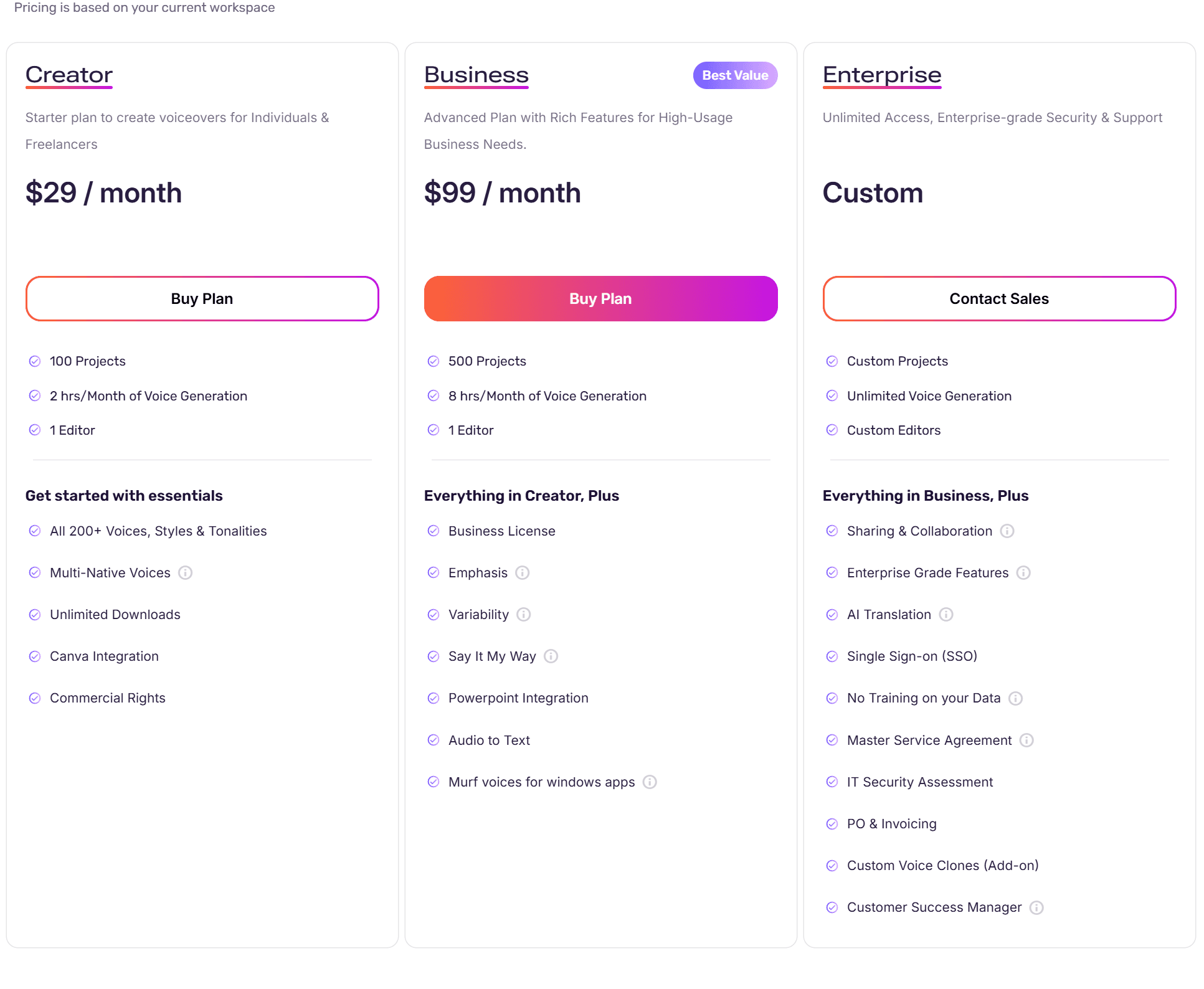 Murf AI monthly pricing page with Creator Business Enterprise plans