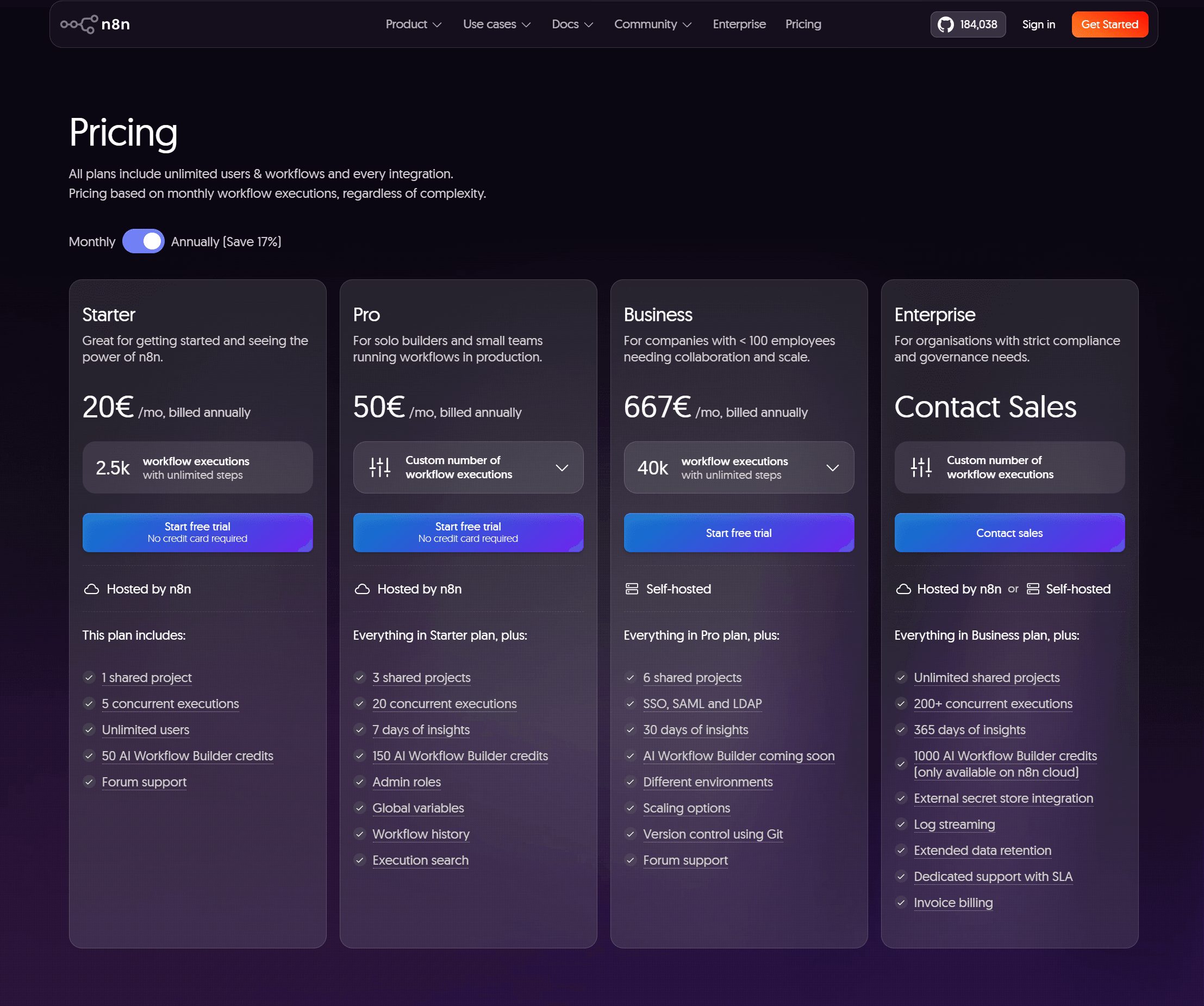 n8n vs zapier pricing showing n8n execution-based tiers