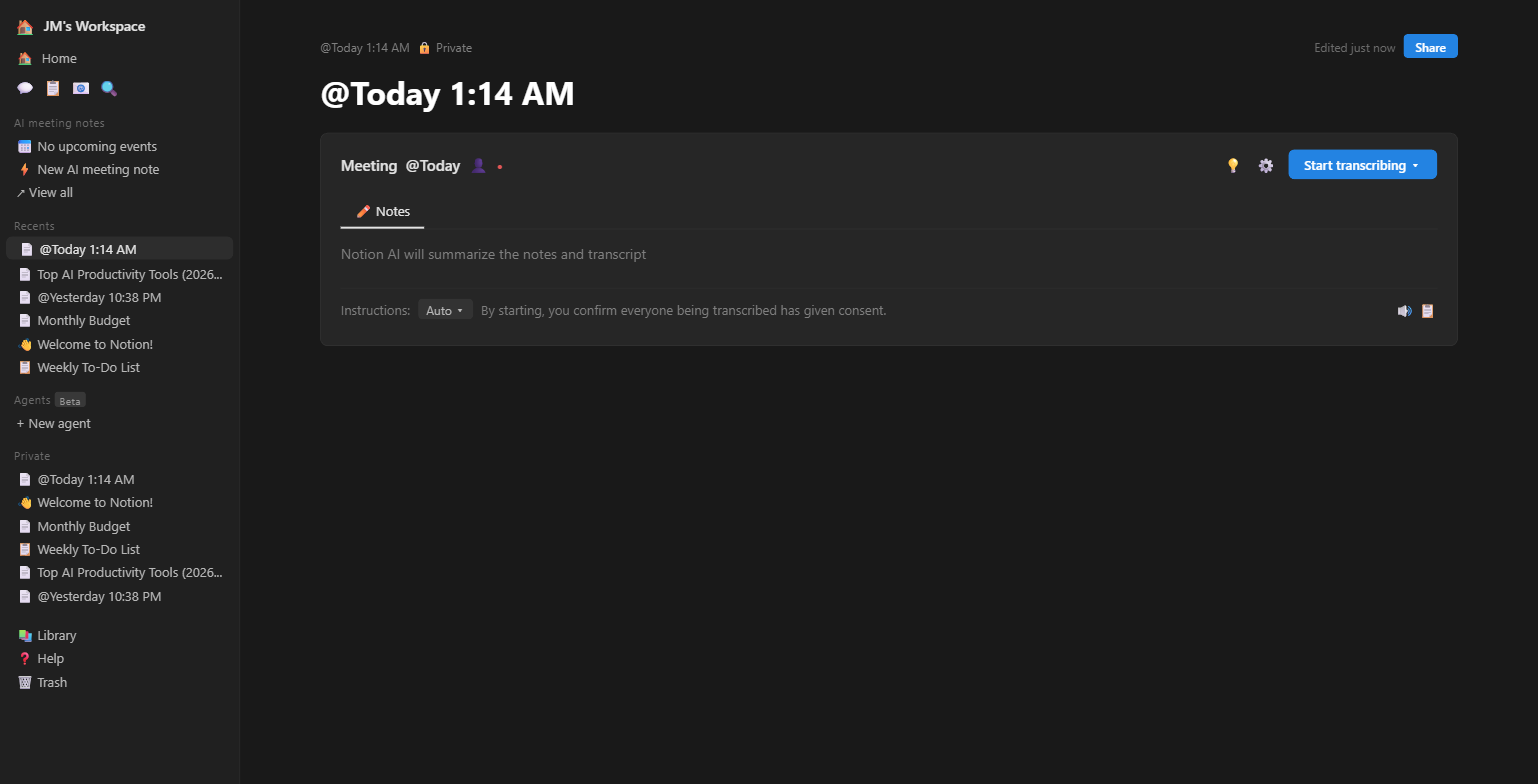 Notion AI Notes interface showing automatic meeting transcription with AI summary and action items