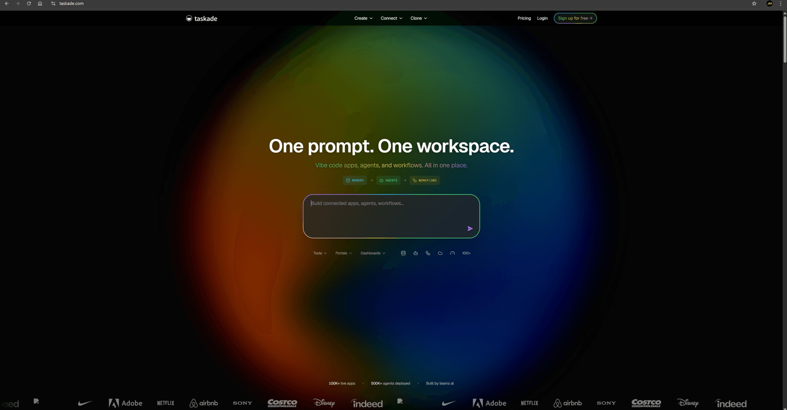 Taskade AI homepage showing app builder prompt box