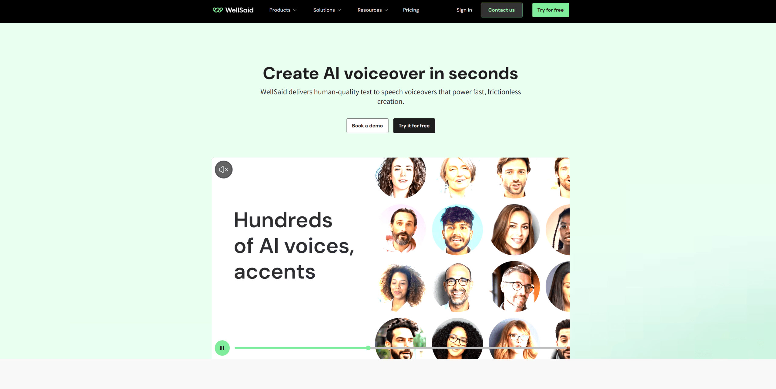 WellSaid Labs homepage with centered explainer video for enterprise voice AI