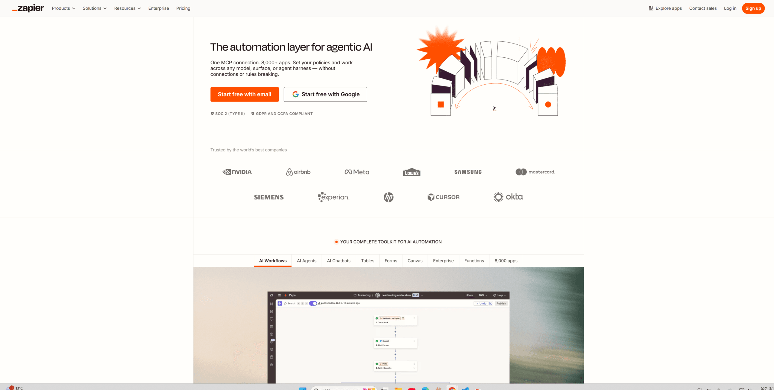 n8n vs zapier homepage showing Zapier AI automation landing