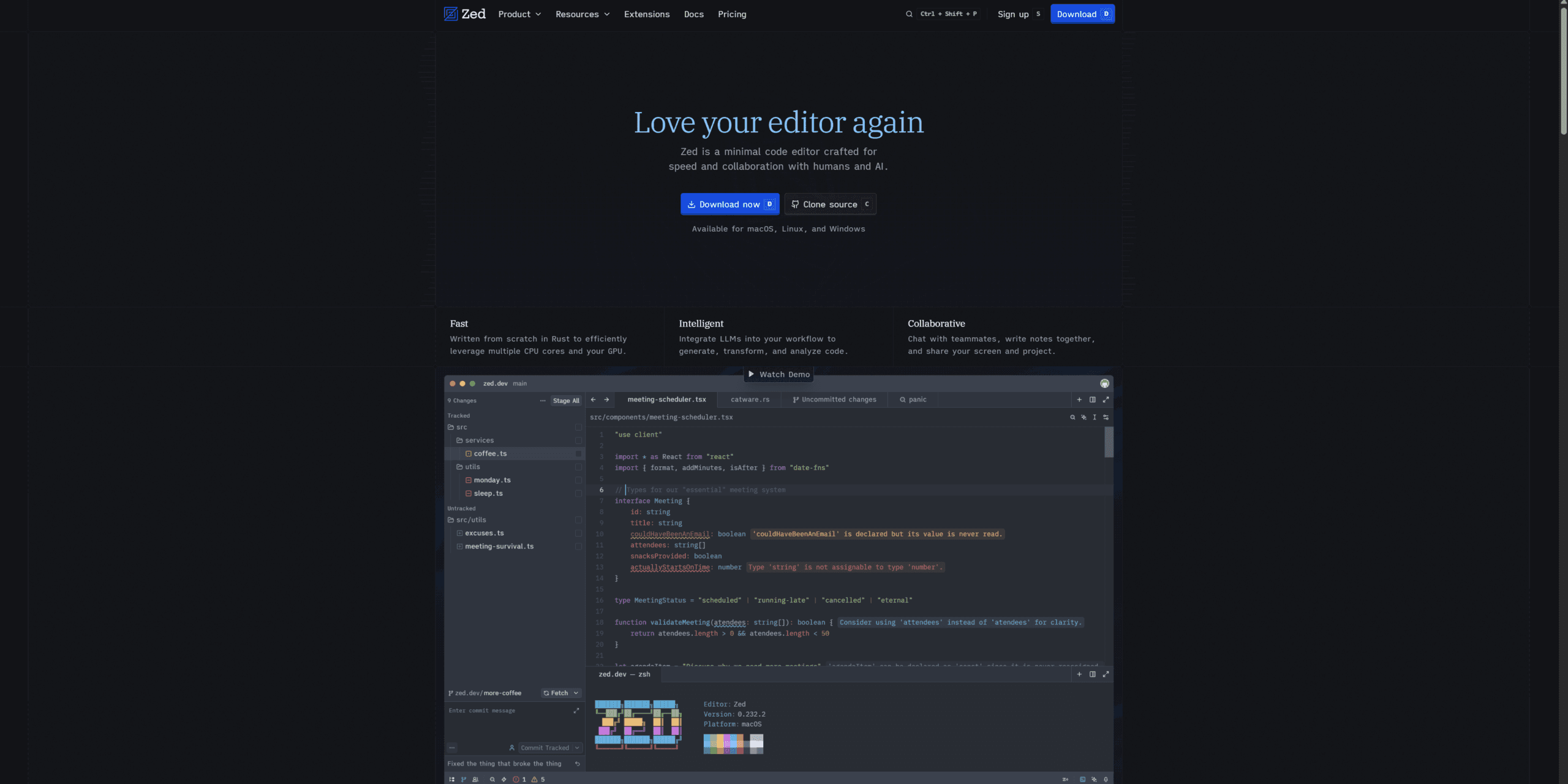 zed vs github copilot homepage showing minimalist Zed editor landing