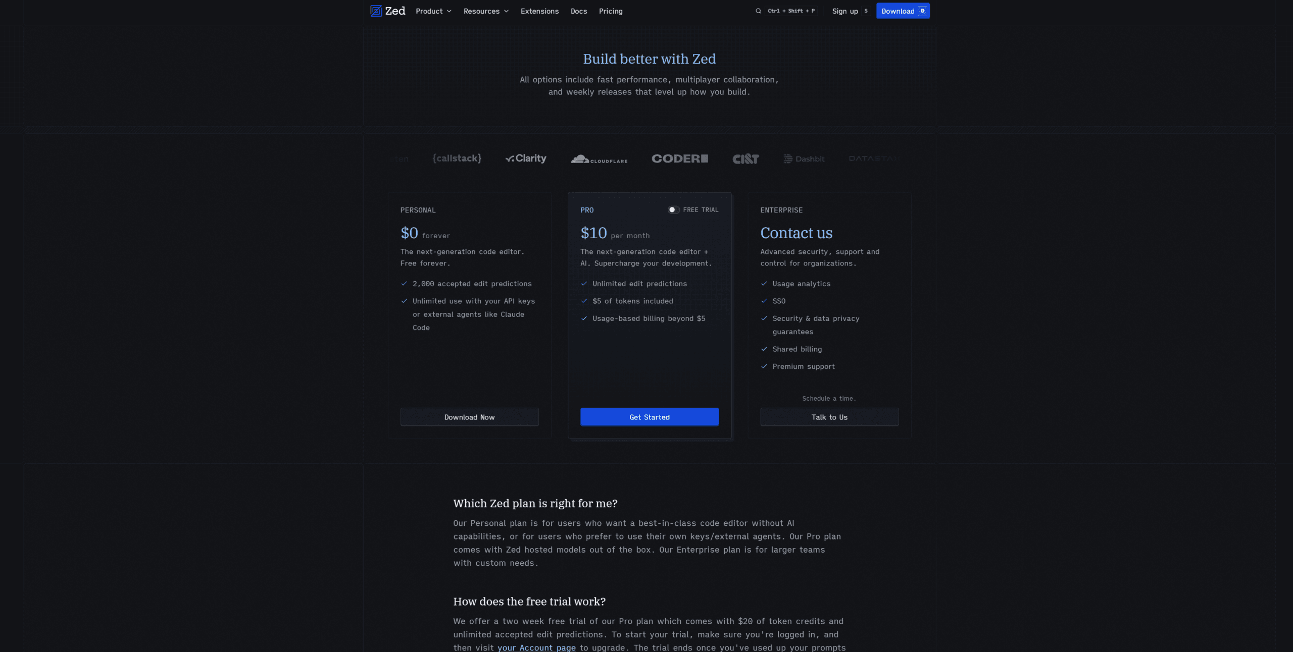 zed vs github copilot pricing showing Zed Personal Pro Student tiers